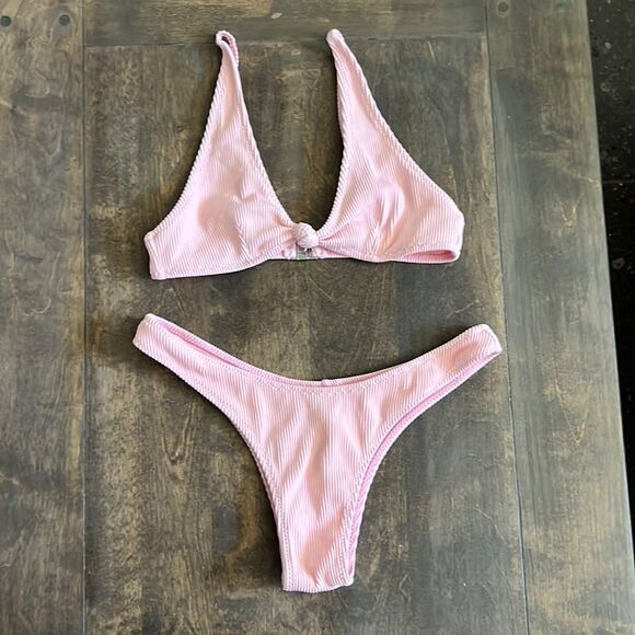 Fox Swim ribbed front knot leg hipster bikini bottom in dolly pink Sz- XS - Picture 2 of 9